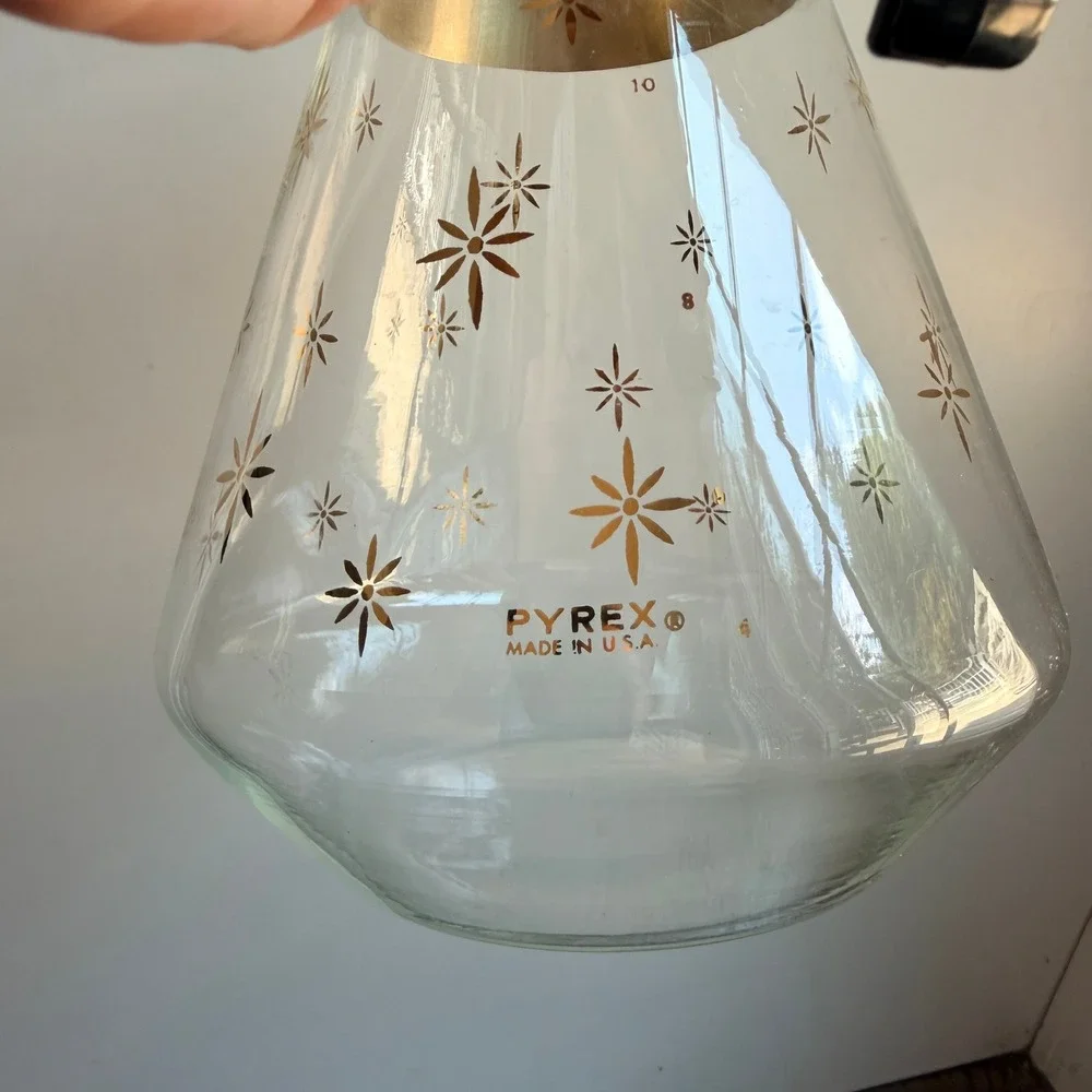 Vintage Pyrex Golden Starburst 10 Cup Glass Carafe MCM Atomic Gold Coffee Server